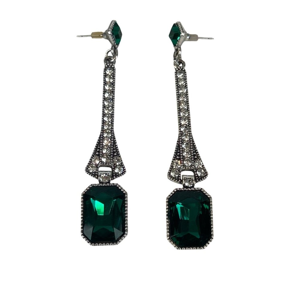 Vintage Style Emerald Green Rhinestone Drop Earrings Pierced Silver Tone Metal 3